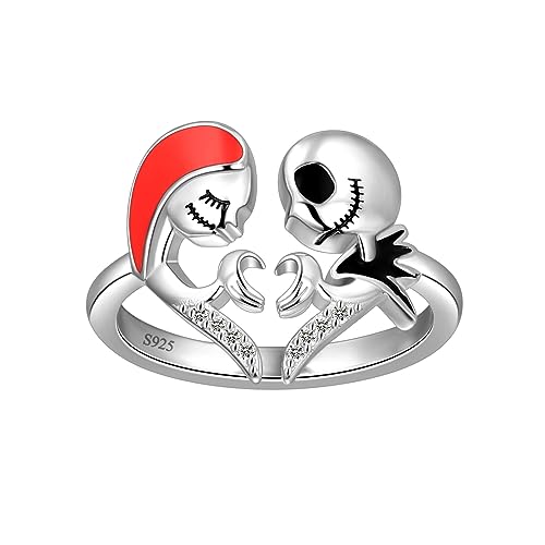 Verstellbare Jack Skellington Ringe Frauen Albtraum vor Weihnachten Totenkopfringe 925er Sterlingsilber Versprechen Ring Romantische Geschenke für sie Teen Mädchen Halloween-Ring für Frauen FR0079W von Jewmon