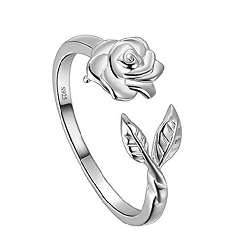 Verstellbarer Blumenrosenring für Frauen Mädchen Blumenblatt Offener Ring 925 Sterling Silber Vintage Rose Versprechen Statement Cocktailparty Ring Blumenschmuck Geschenk für Frau Freundin FR0019W von Jewmon