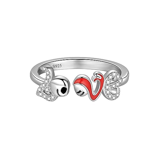 Verstellbarer Liebesherz Versprechensring Halloween Ringe Albtraum vor Weihnachten Ringe Totenkopfringe 925 silber Jack Skellington und Sally Liebe Herz Ring Schmuck Geschenke für Frauen FR0078W von Jewmon