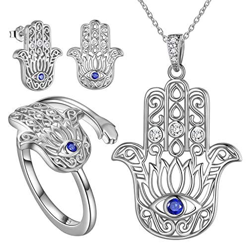 Vintage Hamsa Hand von Fatima Evil Eye Einstellbare Ring Ohrringe Halskette Viel Glück Amulett Schmuck Set für Mädchen und Frauen Sterling Silber Hamsa Hand von Fatima Halskette Ohrringe Set FS191W von Jewmon