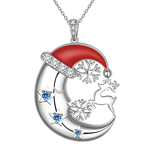 Weihnachtsmann Hut Halbmond Halskette 925 Silber Geweih Rentier Schneeflocke Halskette Nette Weihnachtskette für Frauen Mädchen Zirkonia Weihnachtsmann Halskette Geschenke Weihnachtsschmuck FP0228W von Jewmon