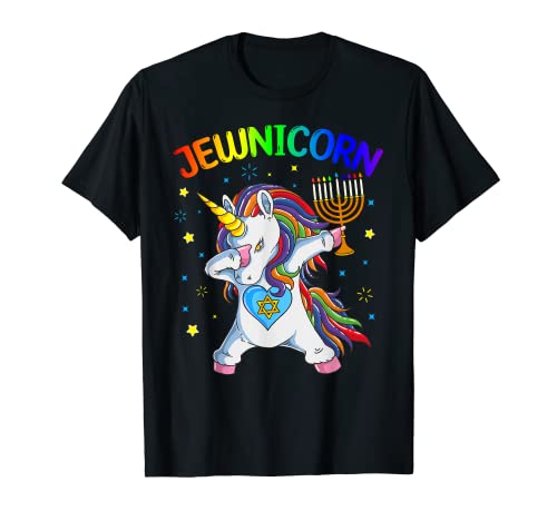 Jewnicorn Lustiges Chanukka-Einhorn Menorah Mädchen Pyjamas T-Shirt von Jewnicorn Hanukkah Hebrew Pajamas Apparel Kids Co.