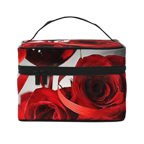 Tragbare Reise-Kosmetiktasche, Kulturbeutel, Rotwein, Rose und Kerze, bedruckt, Schwarz , Einheitsgröße von Jewoss