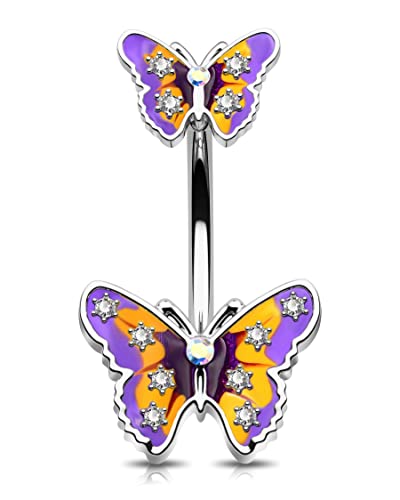 Jewseen 14G Chirurgenstahl Bauchnabelring Schmetterling Bauchnabelpiercing Schmuck Bauchnabelring Curved Barbell für Frauen Lila Gelb, Edelstahl, Stahl von Jewseen