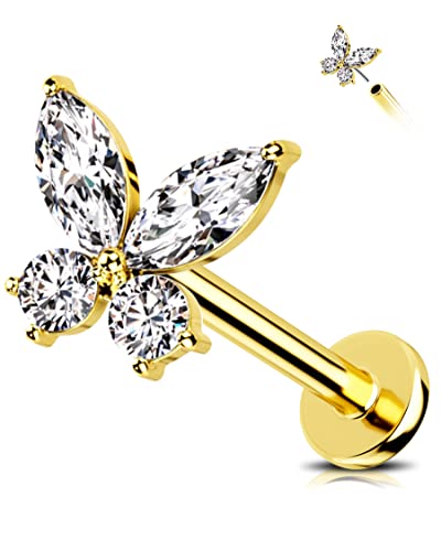 Jewseen 14K Gold Schmetterling Knorpel Piercing Gewindelose Flache Rückseite Ohrring Helix Piercing Schmuck Nase Stud Lippe Labret Piercingf oder Frauen Männer Titan Barbell von Jewseen