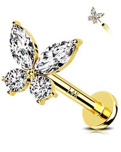 Jewseen 14K Gold Top Push in Threadless Studs Schmetterling Flat Back Ohrring Knorpel Ohrring Helix Piercing Schmuck Nase Piercing für Frauen Männer Gold Barbell von Jewseen