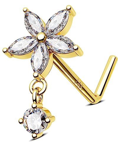 Jewseen 14K Solid Gelbgold Blume Nasenring Studs Nase Stud 20G L Shaped Nase Schraube Nase Knochen CZ Nase Piercings mit Dangle für Frauen Männer von Jewseen