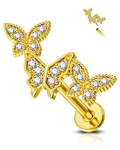 Jewseen 14K Solid Gold Threadless Studs Knorpel Ohrring Schmetterling Flacher Rücken Tragus Conch CZ Helix Piercing Schmuck für Frauen Männer von Jewseen