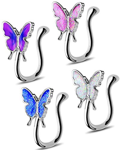 Jewseen 4 Stück Fake Nasenringe Schmetterling Nasenmanschette Non Piercing Septum Piercing Ring für Frauen Männer Faux Nasenstecker Set Nasenschmuck, Edelstahl von Jewseen