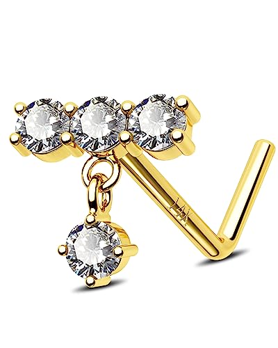 Jewseen 14K Gelbgold Nasenring L Shaped Nase Piercing Schmuck Dangle Nase Stud 20G Nase Piercing Runde CZ Schraube Nase Ring Piercing für Frauen Männer von Jewseen