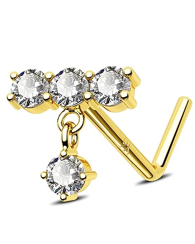 Jewseen 9K Solid Gold Nasenringe 20G Nostril Piercing Stud Dangle Nasenring Stud CZ Nasenschraube L Form Dangle Nase Schmuck für Frauen Männer von Jewseen