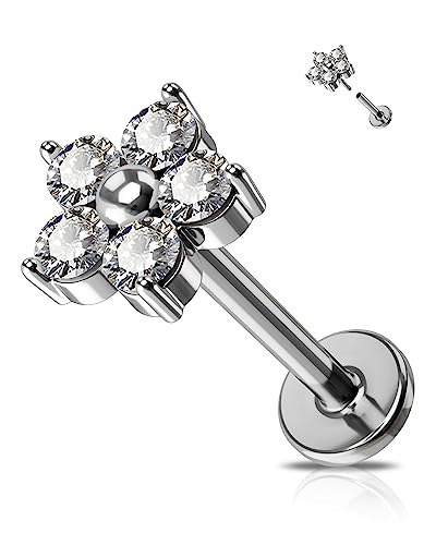 Jewseen Gewindelose Flache Rückseite CZ Blume Tragus Piercing Schmuck Knorpel Ohrringe Helix Studs Titan Piercing für Frauen Männer von Jewseen