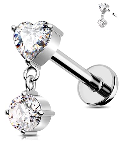 Jewseen Herz Flatback Ohrringe G23 Titan Knorpel Stud Intern Gewinde Helix Ohrringe CZ Tragus Piercing Schmuck Dangle Lippen Ring von Jewseen