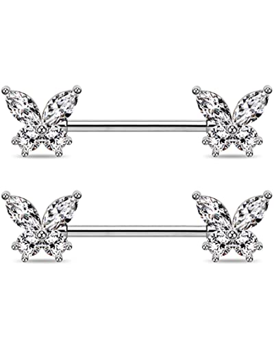 Jewseen Schmetterling Nipple Barbells CZ Nipple Bars 316L Chirurgenstahl Nipple Ringe 14G Nipple Schild Barbell für Frauen Stahl von Jewseen
