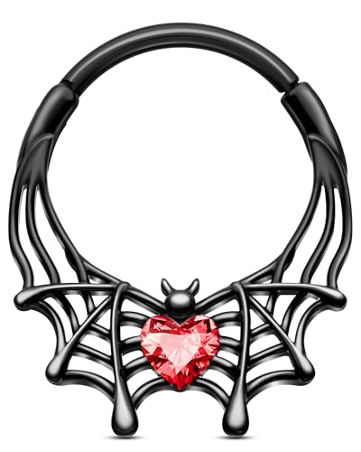Jewseen Schwarzer Septum Ring Spinnennetz Helix Ohrringe Herz Knorpel Hoop Halloween Tragus Ohrring Daith Piercing Schmuck für Frauen Männer, 16G 8MM, Zirkonia, Zirkonia von Jewseen