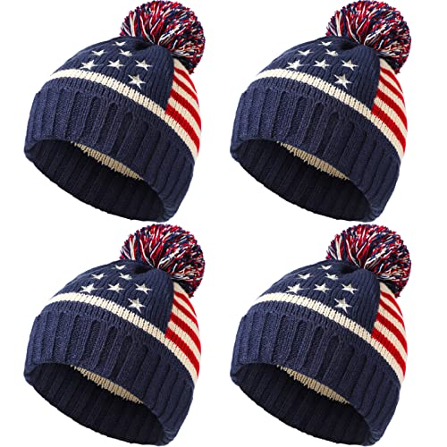 Jeyiour 4 Stück Amerikanische Flagge Beanie mit Pom Pom Winter USA Mütze USA Flagge Knit Cuffed Skull Cap für Damen Herren, Rot, Weiß und Marineblau, Einheitsgröße von Jeyiour