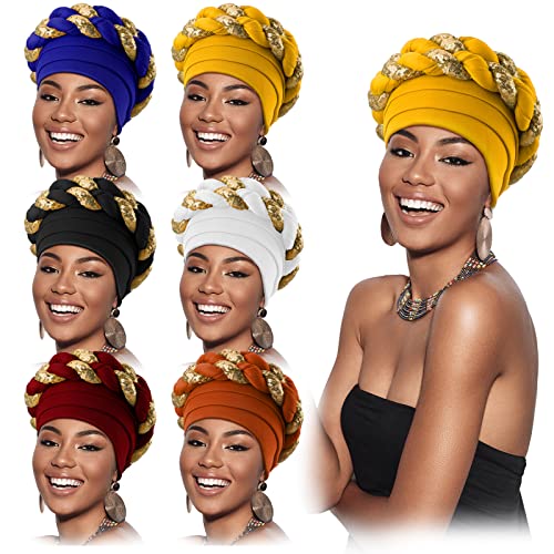 Jeyiour Afrikanischer Turban-Kopfwickel für schwarze Frauen, Pailletten-Zopf, Beanie-Mütze, dehnbar, gedreht, afrikanische Mütze, Kopftuch, 6 Stück, Mehrfarbig, Einheitsgröße von Jeyiour