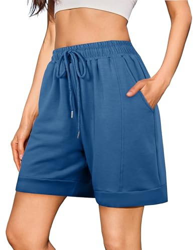 Jezonga Kurze Hose Damen Sport Shorts Sporthose Damen Kurz mit Taschen Elastischer Bund Sommer Jogginghose Fitness Running Gym Kurze Hose Gym Blau XXL von Jezonga