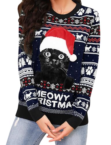 Jezonga Damen WeihnachtspulloverUgly Christmas Sweater Winter Lustig Katze Weihnachtspulli Langarm Rundhals Lose Strickpullover Dunkelblau von Jezonga