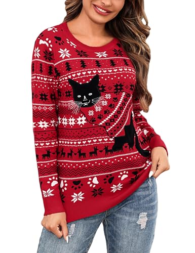 Jezonga Damen WeihnachtspulloverUgly Christmas Sweater Winter Lustig Katze Weihnachtspulli Langarm Rundhals Lose Strickpullover von Jezonga