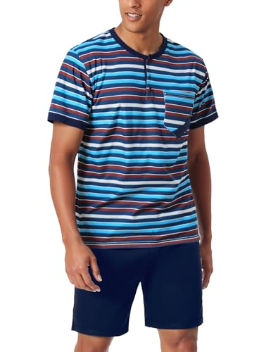 Jezonga Herren Schlafanzug Kurz Baumwolle Nightwear Set Pyjama Shorty Sommer Schlafanzüge Männer Kurzarm Nachtwäsche mit Knopfleiste A#Blau L von Jezonga