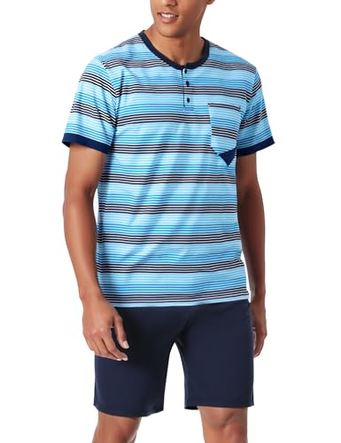 Jezonga Herren Schlafanzug Kurz Baumwolle Nightwear Set Pyjama Shorty Sommer Schlafanzüge Männer Kurzarm Nachtwäsche mit Knopfleiste D#Blau L von Jezonga