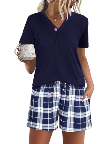 Jezonga Schlafanzug Damen Kurz Baumwolle Pyjama Sommer Set Nachtwäsche Kurzarm Loungewear Sleepwear Zweiteiliger V-Kragen Elastischer Bund Taschen Blau S von Jezonga