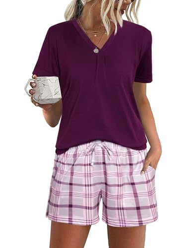 Jezonga Schlafanzug Damen Kurz Baumwolle Pyjama Sommer Set Nachtwäsche Kurzarm Loungewear Sleepwear Zweiteiliger V-Kragen Elastischer Bund Taschen Lila M von Jezonga