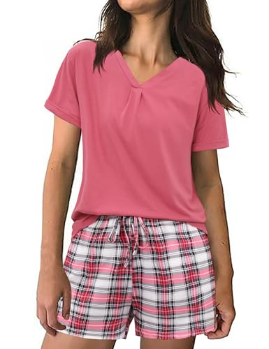 Jezonga Schlafanzug Damen Kurz Baumwolle Pyjama Sommer Set Nachtwäsche Kurzarm Loungewear Sleepwear Zweiteiliger V-Kragen Elastischer Bund Taschen Rot S von Jezonga