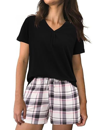 Jezonga Schlafanzug Damen Kurz Baumwolle Pyjama Sommer Set Nachtwäsche Kurzarm Loungewear Sleepwear Zweiteiliger V-Kragen Elastischer Bund Taschen Schwarz XXL von Jezonga