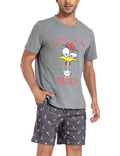 Jezonga Schlafanzug Herren Kurz Pyjama Lustig Baumwolle Shorty Nachtwäsche Zweiteilige Pyjamas mit Hahn T-Shirt und Schlafanzughose für Männer,Dunkelgrau,L von Jezonga
