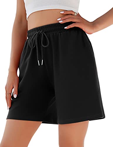 Jezonga Shorts Damen Sporthose Kurz Sport Shorts Jogginghose Sommer mit Taschen Sportshorts Hohe Taille Trainingshose Kurze Short High Waist Elastischer Bund zum Fitness Running Gym Schwarz L von Jezonga