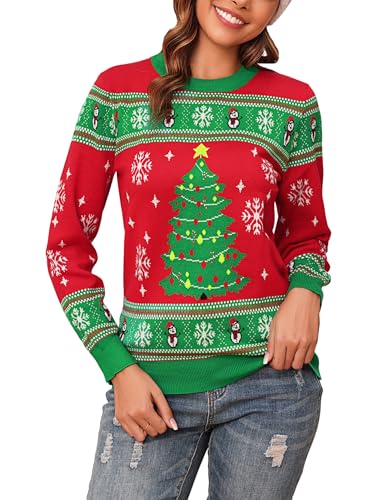 Jezonga Weihnachtspullover Damen Christmas Sweater Strickpullover Pullover Pulli Winter Langarm Rundhals Weihnachten Strickpulli Rot, L von Jezonga