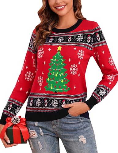 Jezonga Weihnachtspullover Damen Christmas Sweater Strickpullover Pullover Pulli Winter Langarm Rundhals Weihnachten Strickpulli Schwarz, L von Jezonga