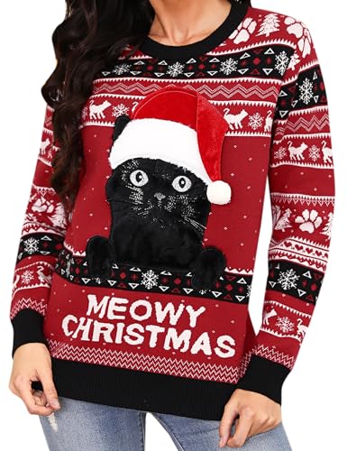 Jezonga Weihnachtspullover Damen Lustig Winter Weihnachtspulli Katze Langarm Rundhals Strickpullover Lose Ugly Christmas Sweater Rot von Jezonga