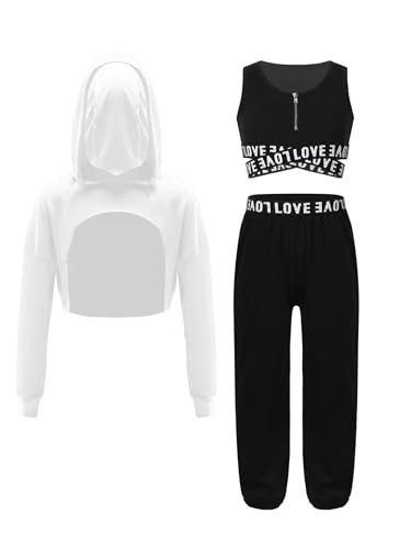 Jhaoyu 3-teiliges Mädchen Hip Hop Tanzkleidung Set Street dance Kleidung für Kinder Hoodie+ Tank Top+Joggerhose Dance Outfits Streetwear Schwarz&Elfenbein 134-140 von Jhaoyu