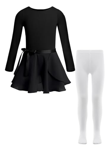 Jhaoyu Ballettkleidung Mädchen 3Pcs Ballettkleid Schleifen Ballettanzug Mit Langarm Ballett Trikot Tütü Rock und Tanzstrumpfhose 3-14 Jahre Schwarz 146-152 von Jhaoyu