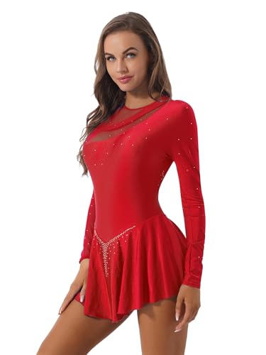 Jhaoyu Damen Eiskunstlauf Kleid Langarm Kürkleid Glitzer Mesh Tanztrikot Ballett Tanzbody mit Gefaltet Röckchen Eislaufen Wettkämpfe Bekleidung Rot L von Jhaoyu