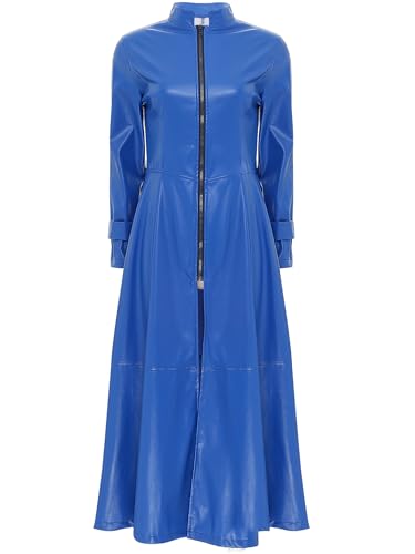 Jhaoyu Damen Langer Ledermantel Modische Kunstlederjacke Schwarzer Mantel Slim Fit Lack-Mantel Trenchcoat Windjacke Outwear Mit Reißverschluss Königsblau 3XL von Jhaoyu