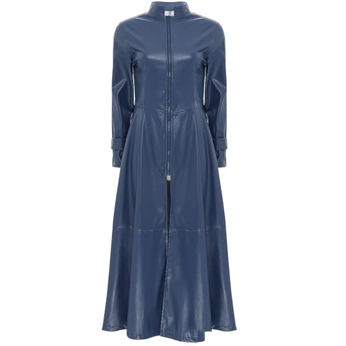 Jhaoyu Damen Langer Ledermantel Modische Kunstlederjacke Schwarzer Mantel Slim Fit Lack-Mantel Trenchcoat Windjacke Outwear Mit Reißverschluss Navy blau M von Jhaoyu
