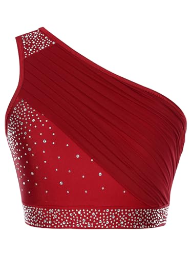 Jhaoyu Damen Lyrischer Tanz Kostüm Erwachsene Eine Schulter Mesh Strass Crop Top mit Strass Modern Dancewear Bühnenanzug Kostüm Burgundy S von Jhaoyu