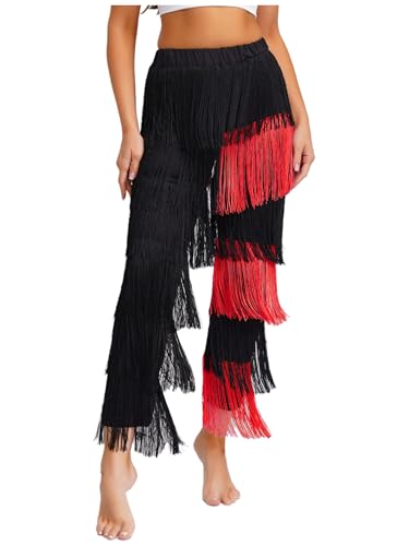 Jhaoyu Damen Tanzhose Fransen Latein Tango Rumba Samba Trainingshose mit Quasten Ballsaal Wettbewerbe Performance Kostüm Schwarz Rot XXL von Jhaoyu