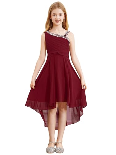 Jhaoyu Elegant Kleid Mädchen EIN-Schulter Blumenmädchenkleider Hochzeit Abendkleid Brautjungfer Geburtstag Party Sommerkleid für 5-16 Jahre Burgundy 158-164 von Jhaoyu