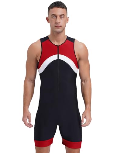 Jhaoyu Herren Einteiler Schwimmanzug Badeanzug Rash Guard Shorty Neoprenanzug mit Bein Sportliche Spandex Surfanzug Sonnenschutz Wetsuit Rot 4XL von Jhaoyu
