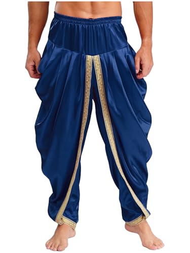 Jhaoyu Herren Indische Haremshose Araber Prinz Arabischer Kostüm Satin Dhoti Hose Fasching Karneval Kostüm Männer Baggy Yoga Hippie Hose Navy blau M von Jhaoyu