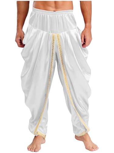 Jhaoyu Herren Indische Haremshose Araber Prinz Arabischer Kostüm Satin Dhoti Hose Fasching Karneval Kostüm Männer Baggy Yoga Hippie Hose Weiß M von Jhaoyu