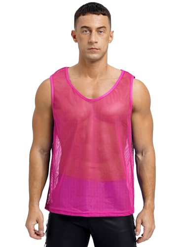 Jhaoyu Herren Tank Top Muscle Weste Mesh Shirt Netzhemd Transparent Oberteile Casual Locker Unterhemd Ärmellos Sommer Unterhemd Gogo Clubwear- L-XL Hot Pink L von Jhaoyu