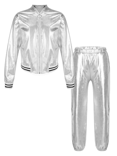 Jhaoyu Kinder 2Teilig Hip Hop Kostüm Unisex Straßentanz Outfit Jungen Metallic Oberteil Hose Jazz Jogginganzug 80er Jahre Disco Tanz Outfits Set Silber 170 von Jhaoyu