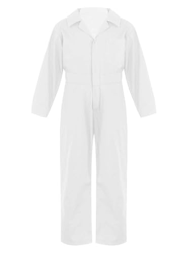 Jhaoyu Kinder Arbeitsoverall Jungen Ganzkörperanzug Arbeitshose Lang Stretch Langarm Hemd Button Down Handwerker Uniform Mechaniker Kostüm Weiß- 146-152 von Jhaoyu