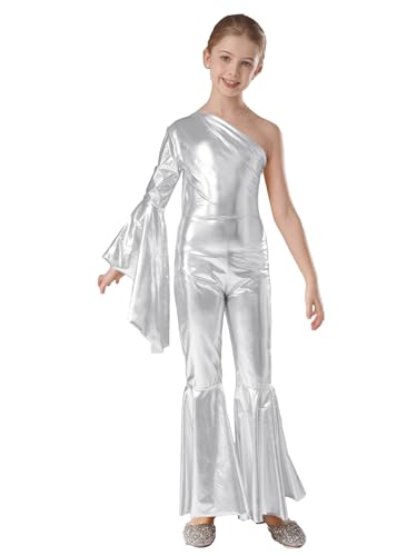 Jhaoyu Kinder Mädchen Metallic Tanz Jumpsuit Schlaghose ein Schulter Flare Ärmel 70er 80er Disco Overall Tanztrikot Karneval Party Performance Kostüm Silber 158-164 von Jhaoyu